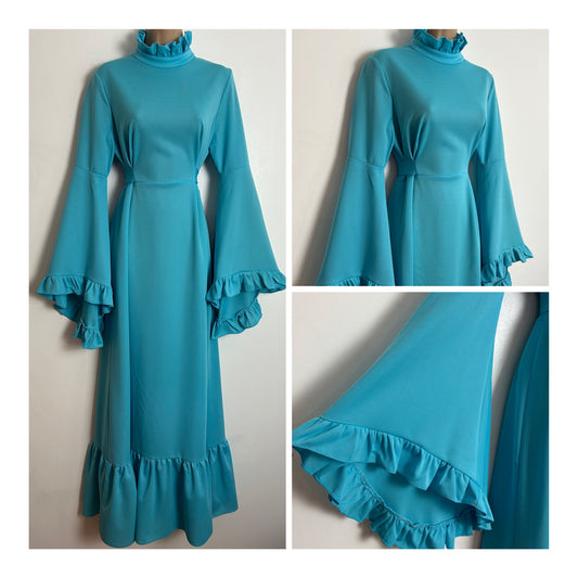 Vintage 1970s UK Size 12 Gorgeous Blue Long Fluted Sleeve Tie Back Boho Maxi Dress