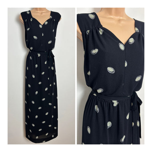 Vintage 1970s Size 16 Black & Off White Oval Print Sleeveless Belted Maxi Dress