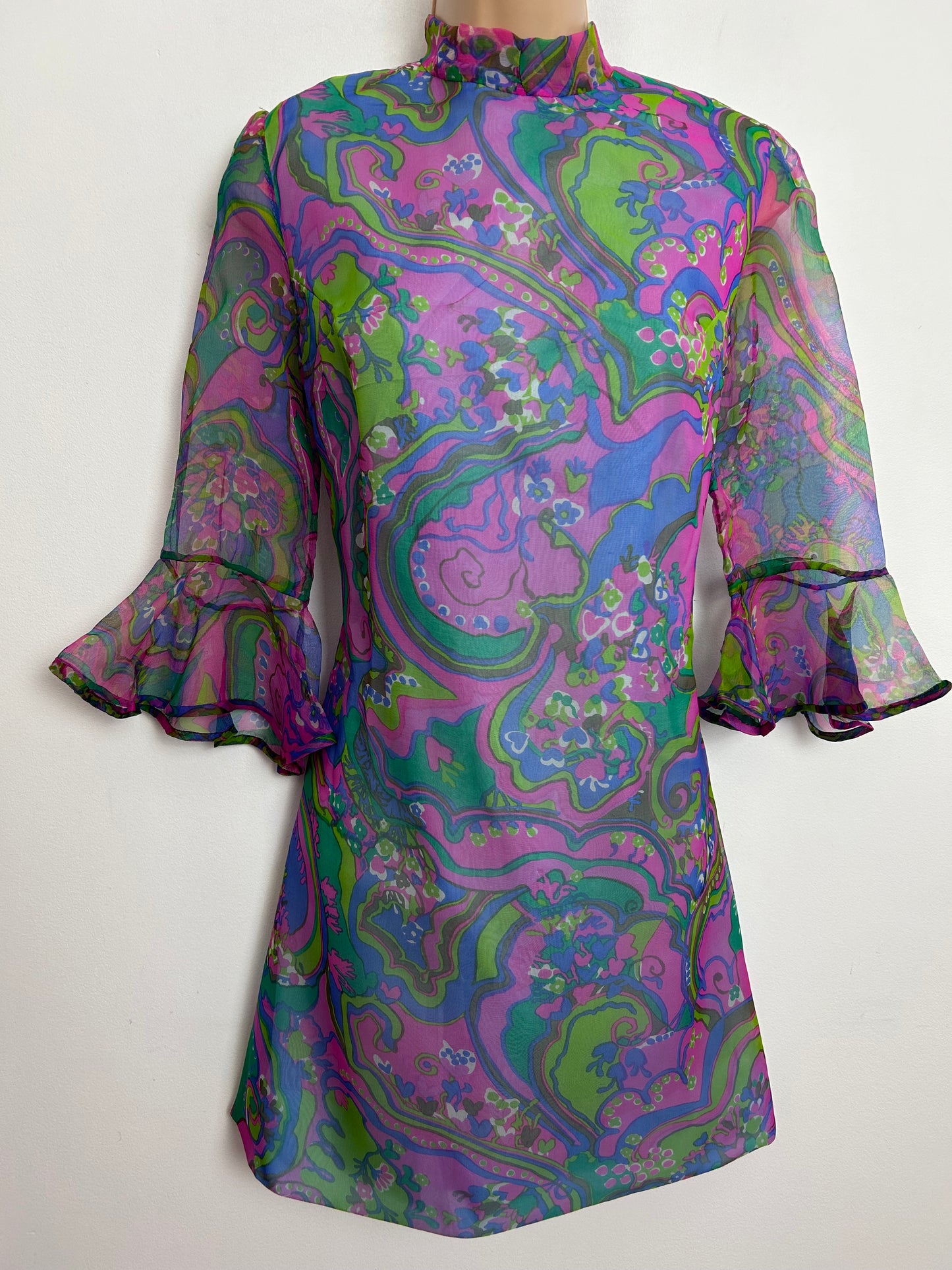 Vintage 1960s UK Size 6-8 Green Pink & Blue Psychedelic Print Chiffon Mini Mod Shift Dress