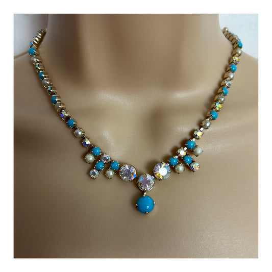 Vintage 1960s Blue Turquoise & Iridescent Aurora Borealis Glass Stone Flower Necklace