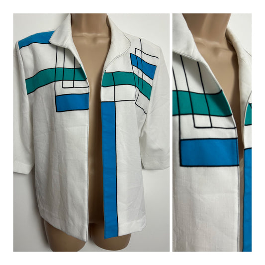 Vintage 1980s Up To Size 14 White Blue & Green Abstract Pattern Open Font Cover Up Shirt