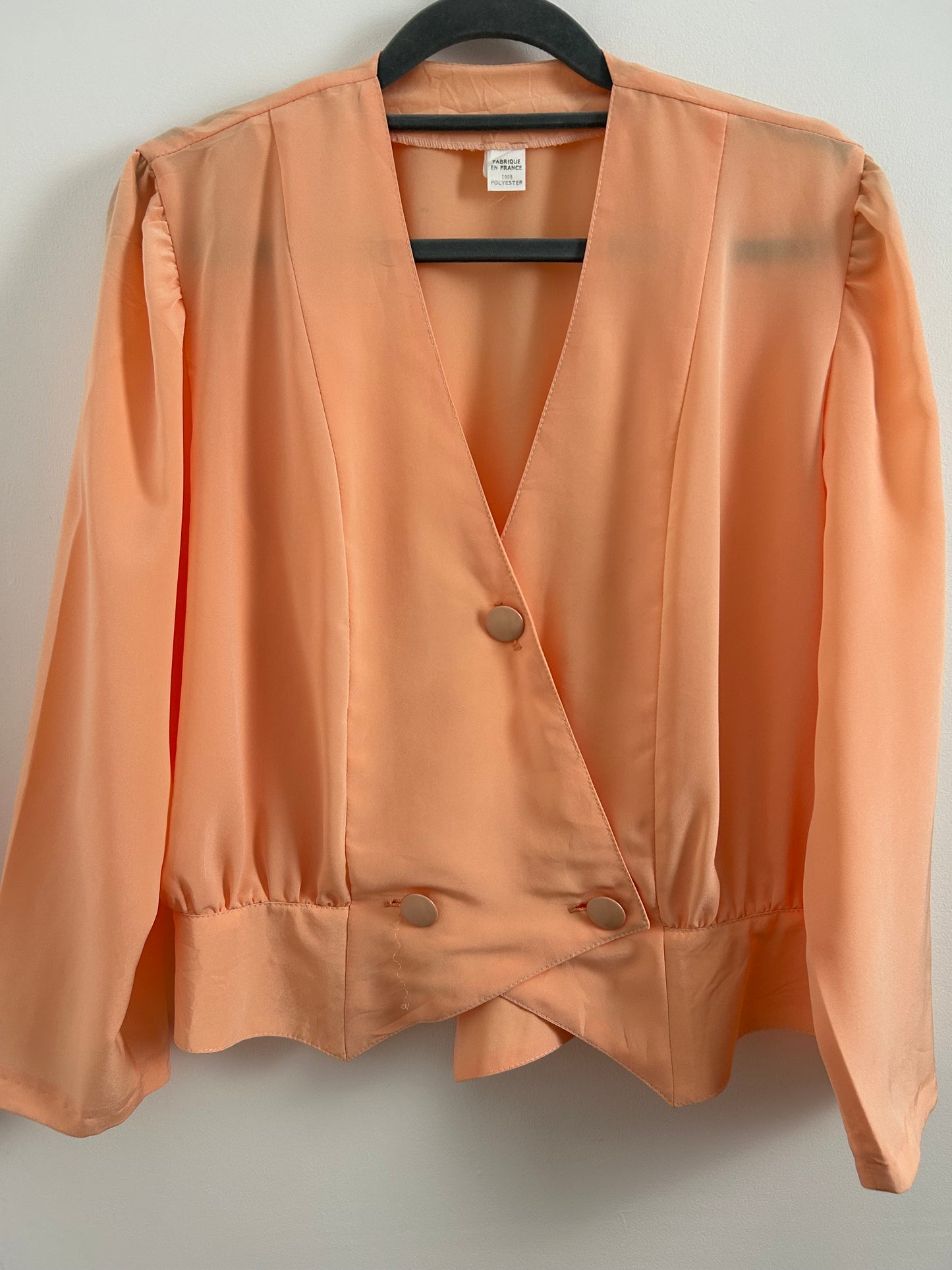 Vintage 1980s Size 12 Pale Peach Blouson Style Long Sleeve Wrap Blouse