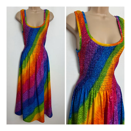 Vintage 1980s Size 10-12-14 Rainbow Stripe Shirred Bodice Sleeveless Tie Back Midi Dress
