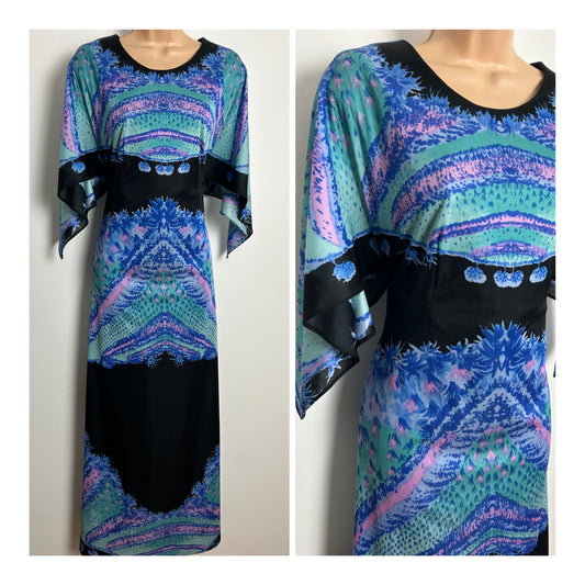 Vintage Late 1970s Size 10-12 Black Blue Mint Green & Pink Abstract Floral Leaf Hanky Sleeve Maxi Dress