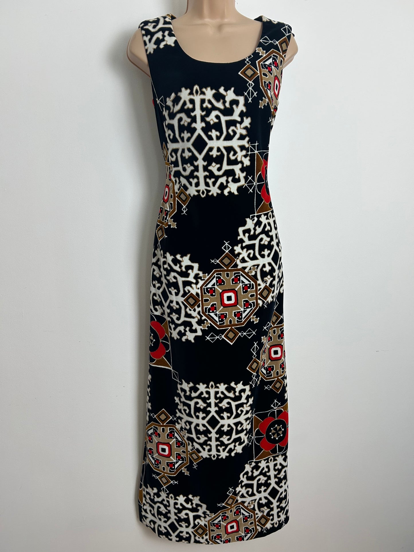 Vintage 1970s Size 10 Black White Beige & Red Abstract Print Velvet Column Maxi Dress