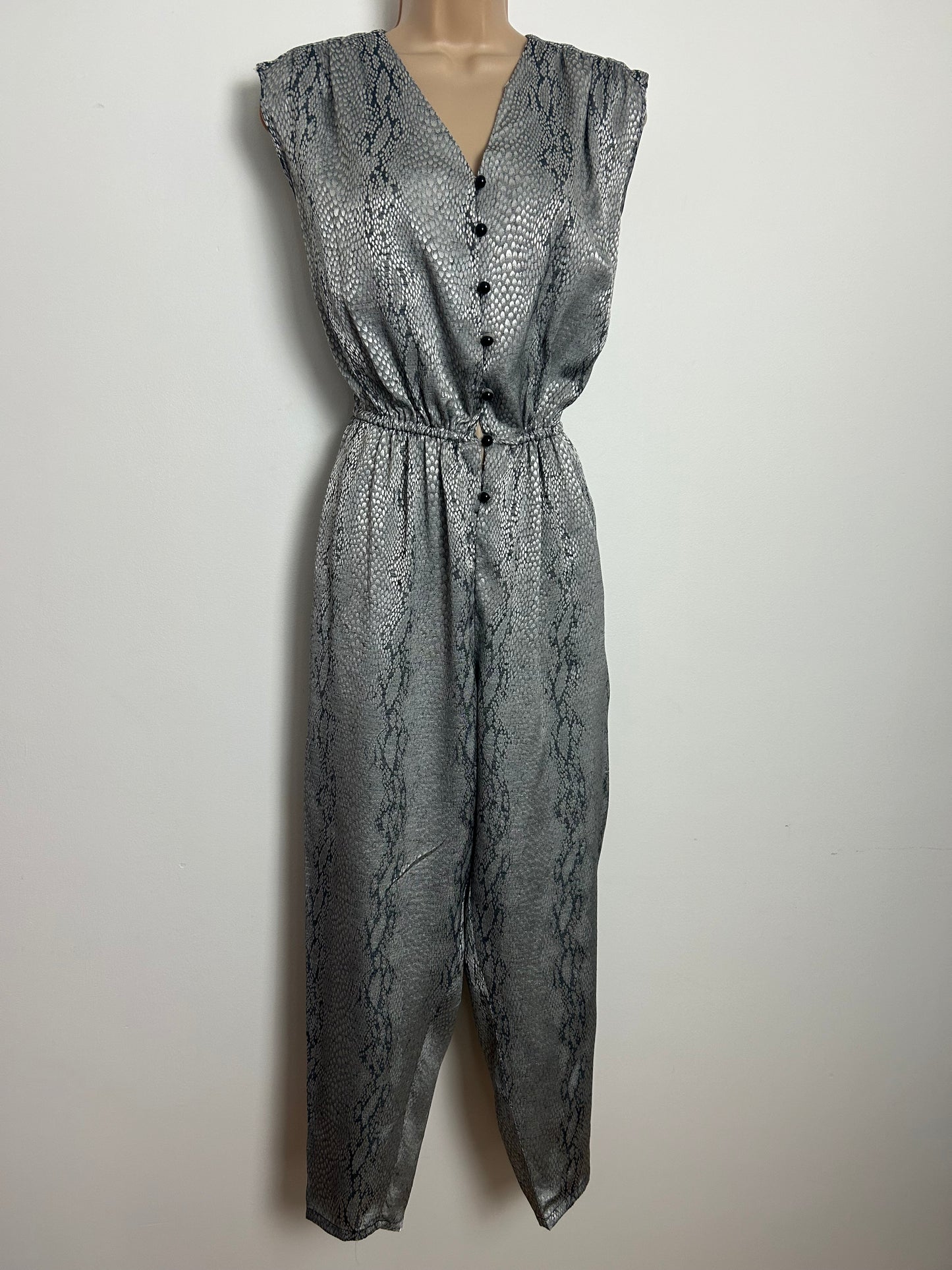 Vintage 1980s Size 8-10 Shimmery Silver & grey Snake Skin Print Cropped Tapered Leg Jumpsuit