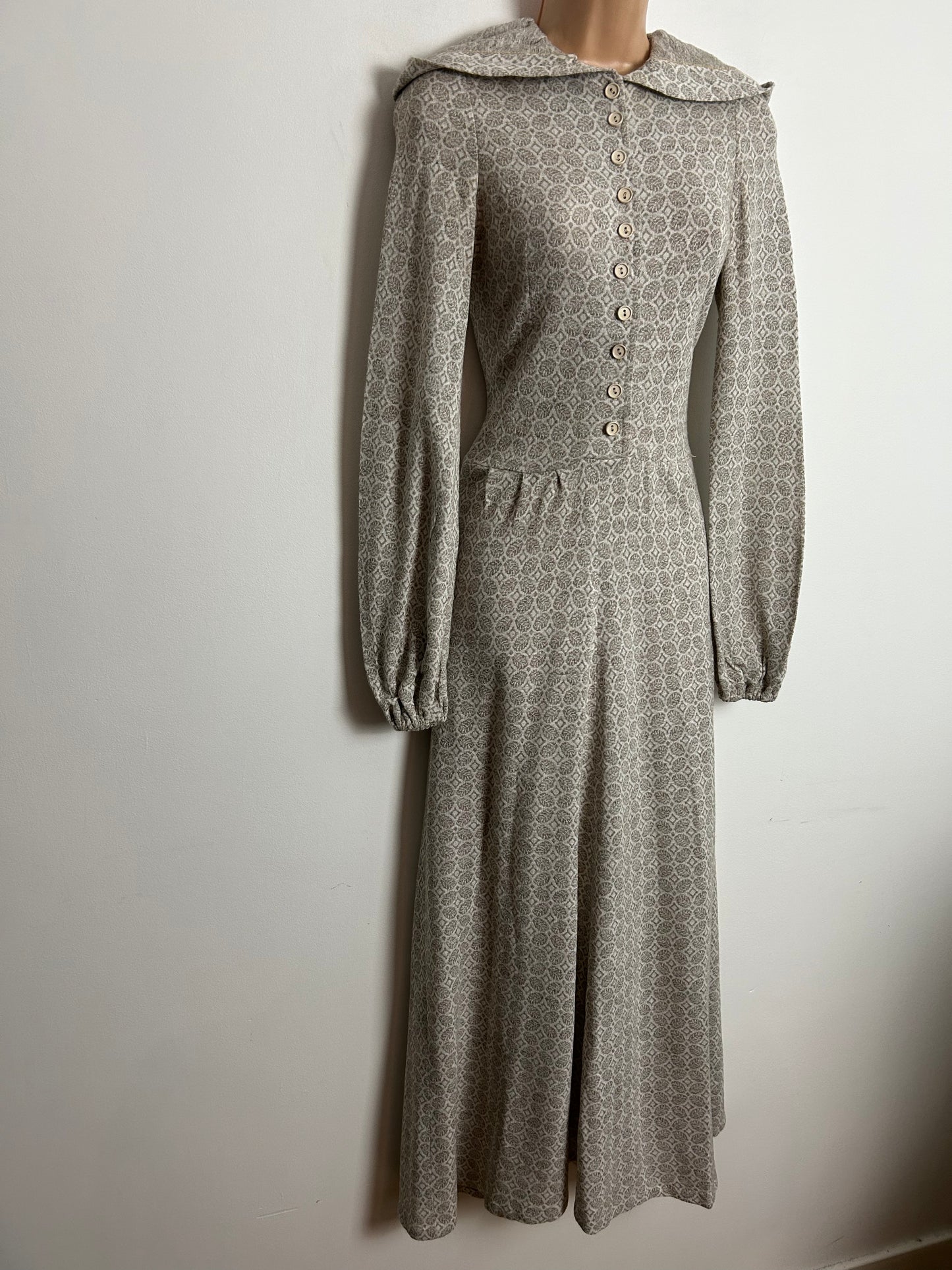 Vintage 1970s UK Size 8 Winter White & Mocha Brown Leaf & Diamond Print Wool Mix Long Sleeve Hooded Boho Maxi Dress