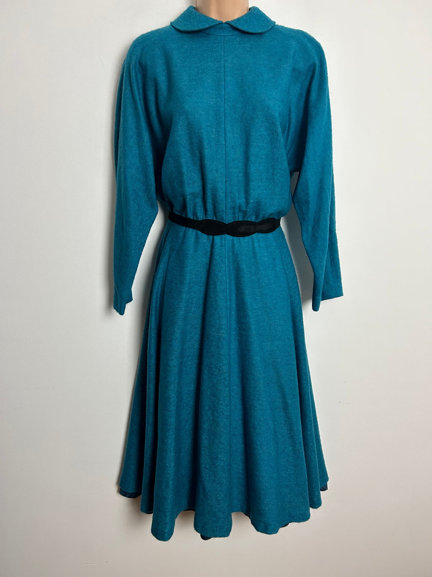 Vintage 1980s Approx UK Size 10 Peacock Blue Wool Mix Bat Wing Belted Swingy Day Dress