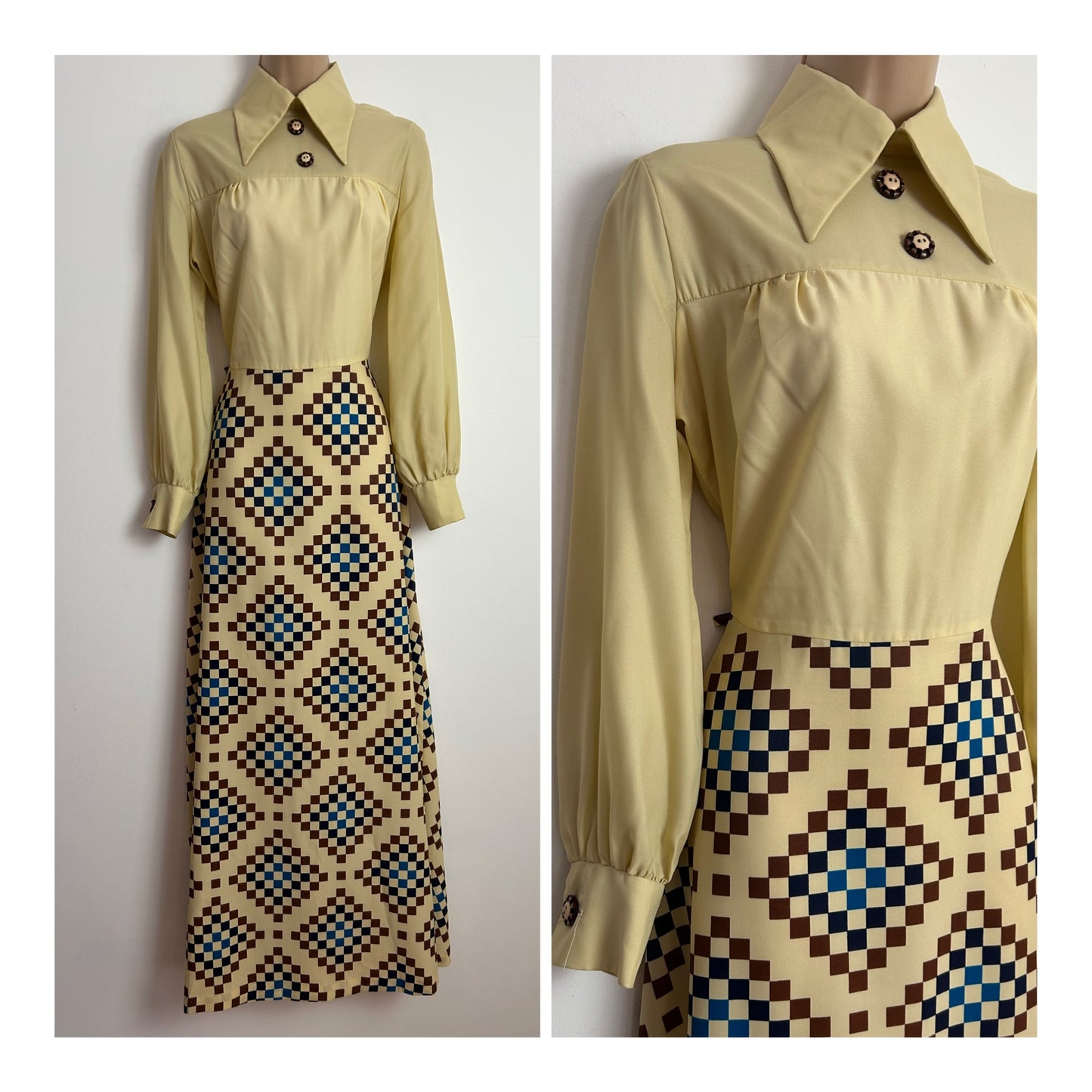 Vintage 1970s PRINCESS SABINA Size 10 Cream Brown & Blue Check Print Long Sleeve Dagger Collar Maxi Dress