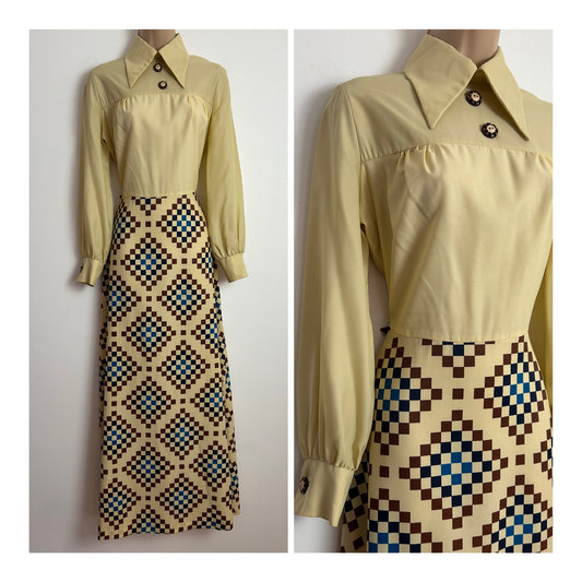 Vintage 1970s PRINCESS SABINA Size 10 Cream Brown & Blue Check Print Long Sleeve Dagger Collar Maxi Dress