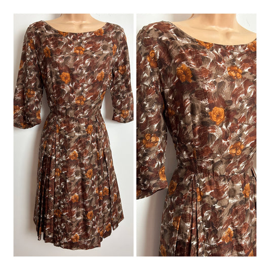 Vintage Late 1950s Size 8 Brown Tones Floral Print Mid Sleeve Pleated Fit & Flare Day Dress