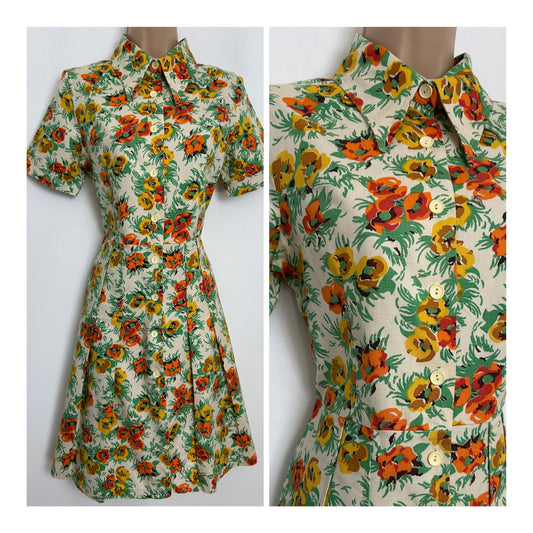 Vintage 1970s Size 12 Cream Orange Yellow & Green Short Sleeve Pleated Mod Day Dress