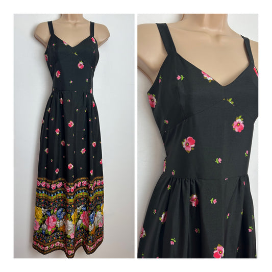 Vintage 1970s Size 8 Pretty Black Floral Print Strappy Summer Maxi Dress