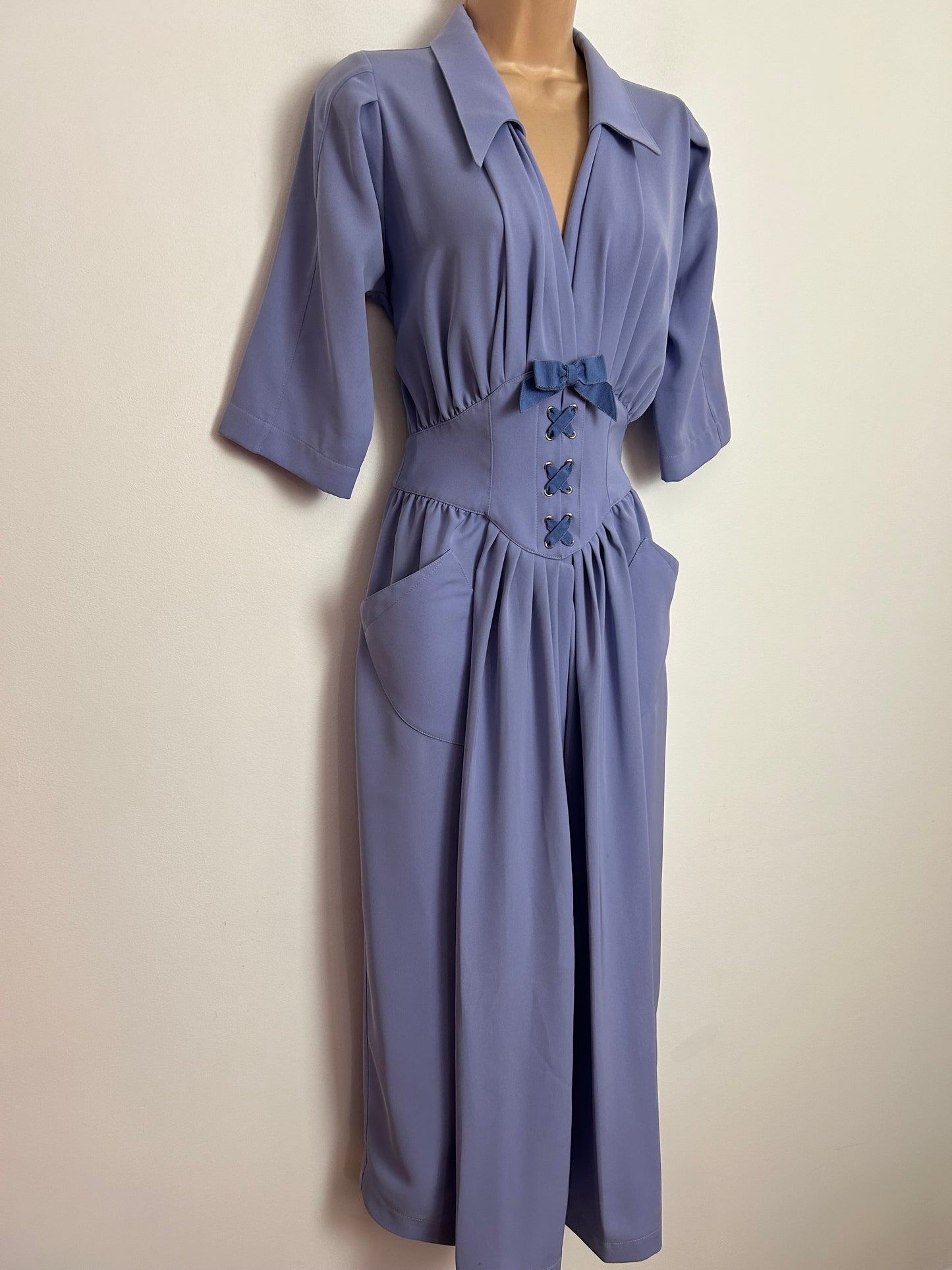 Vintage 1980s DESIGNER THIERRY MUGLER UK Size 8 Lilac Blue Mock Lace Up Detail 1940s Style Dress