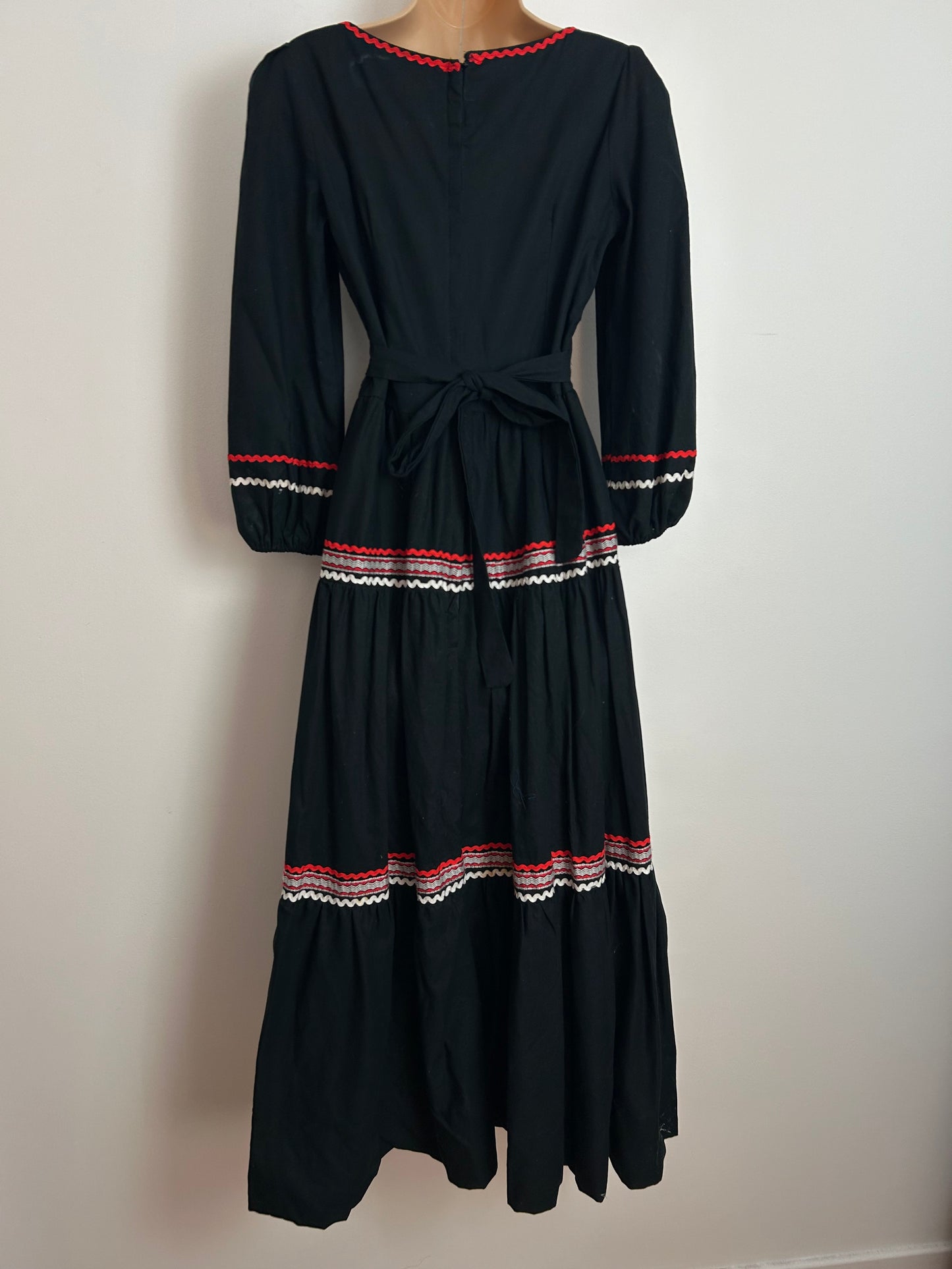 Vintage 1970s Size 10 Black Cotton Red Ric Rac Trim Lace Up Bodice Long Sleeve Boho Maxi Dress