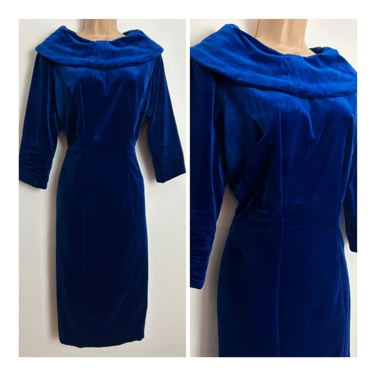 Vintage 1960s UK Size 14 Electric Blue Bardot Collared 3/4 Sleeve Fitted Wiggle Velvet Dress