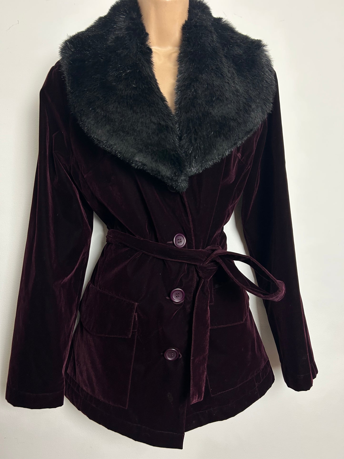 Vintage 1990s ICI & MAINTENANT Size 10-12 (T2) Aubergine Purple Velvet Faux Fur Belted Coat