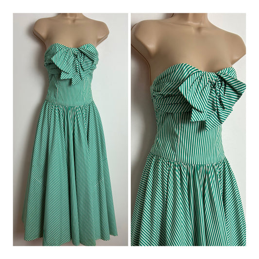 Vintage 1980s ALBERT NIPON BOUTIQUE Size 6 Green & White Stripe Strapless Boned Summer Party Prom Dress