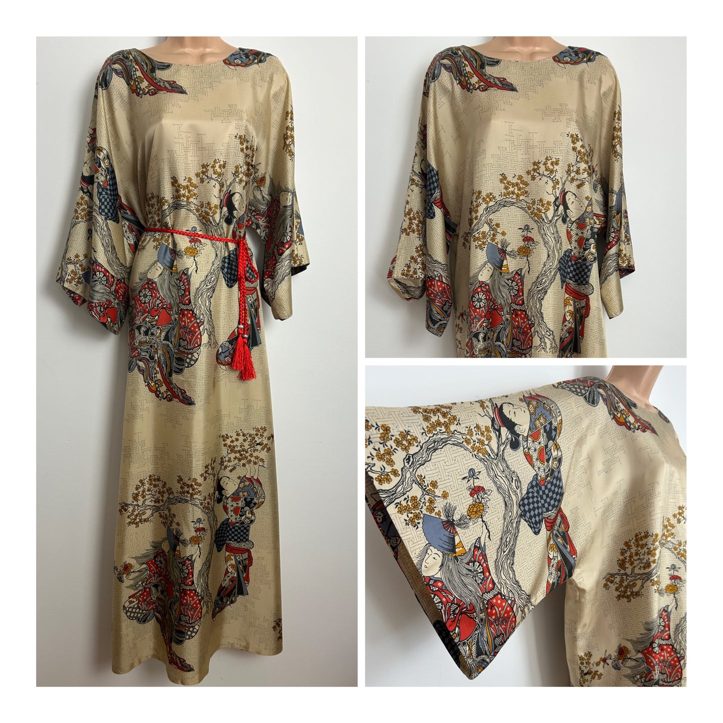 Vintage 1970s Rare SILHOUETTE SCENE SETTERS Size 12-14 Beautiful Silky Japanese Geish Girl Print Katan Maxi Dress