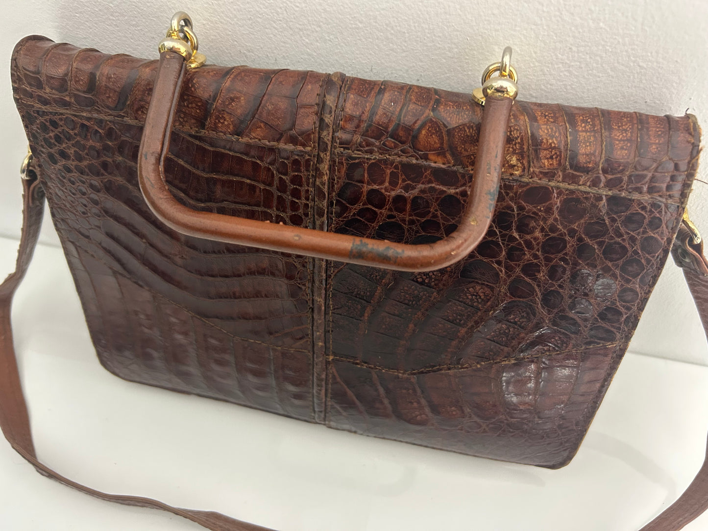 Vintage Late 1960s Early 1970s Brown Mock Croc Leather Handbag Or Shoulder Strap