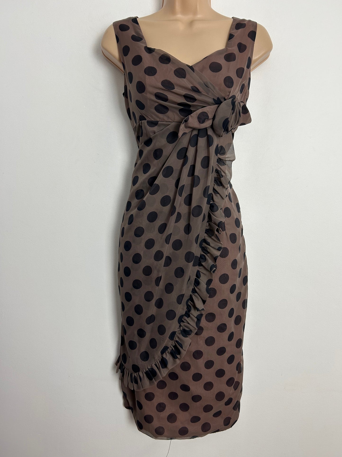 Vintage Early 1960s UK Size 8 Gorgeous Brown & Black Polka Dot Spot Print Mock Wrap Fitted Dress