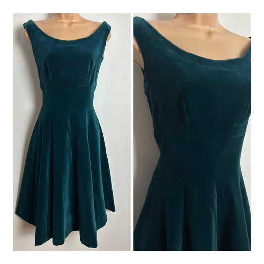 Vintage 1950s URSULA ROLEFF Size 8-10 Forest Green Velvet Fit & Flare Xmas Day Dress