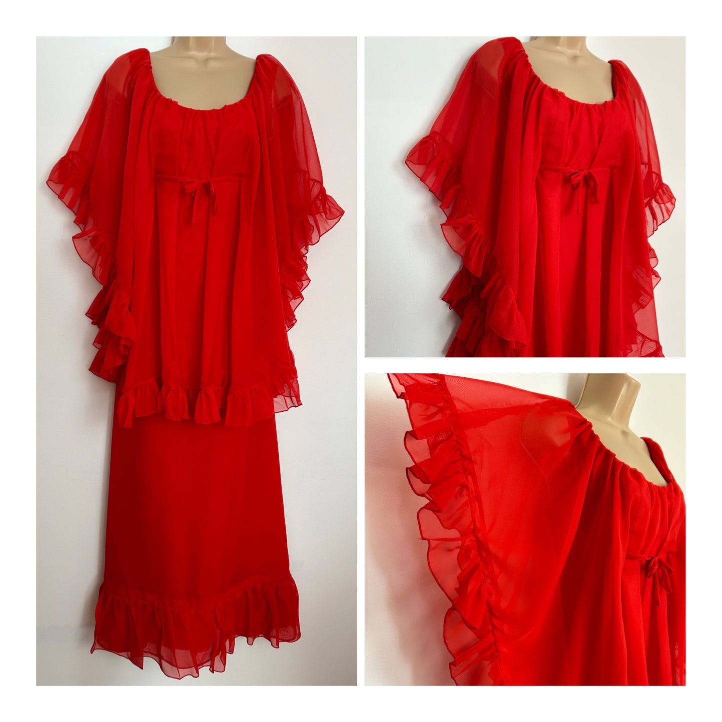 Vintage 1970s BERKERTEX UK Size 8 Red Chiffon Ruffle Trim Wide Cape Sleeve Occasion Evening Maxi Dress