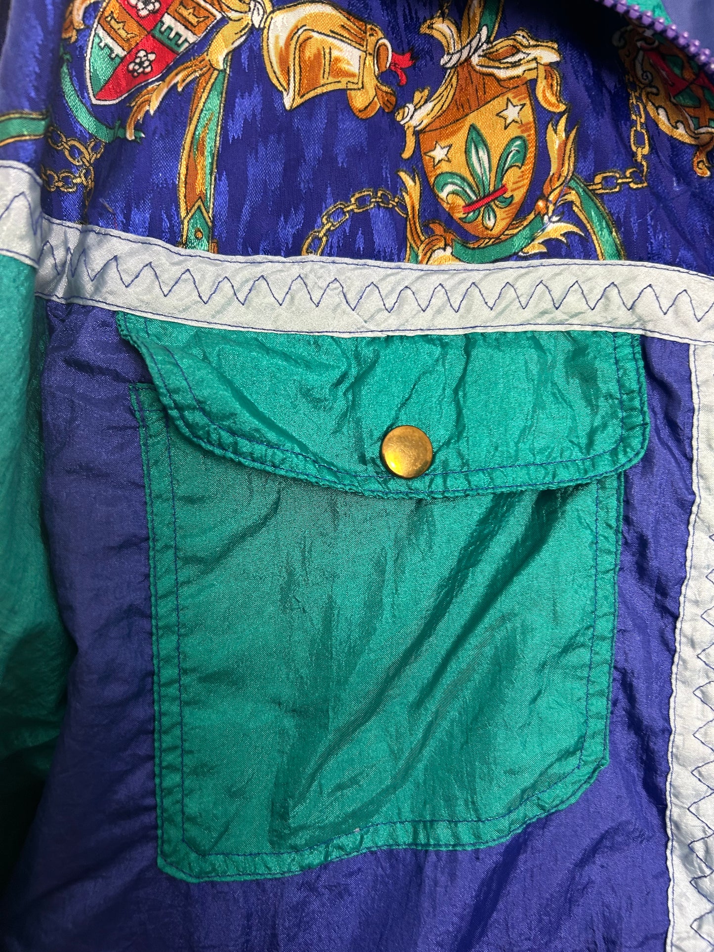 Vintage 1980s ACTIVE FRONTIER Size L (Up To Size 16) Blue & Green Baroque Novelty Print Shell Suit Jacket