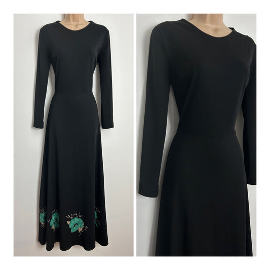 Vintage 1970s ITALIAN UK Size 8-10 Black Green & Beige Floral Print Long Sleeve Maxi Dress