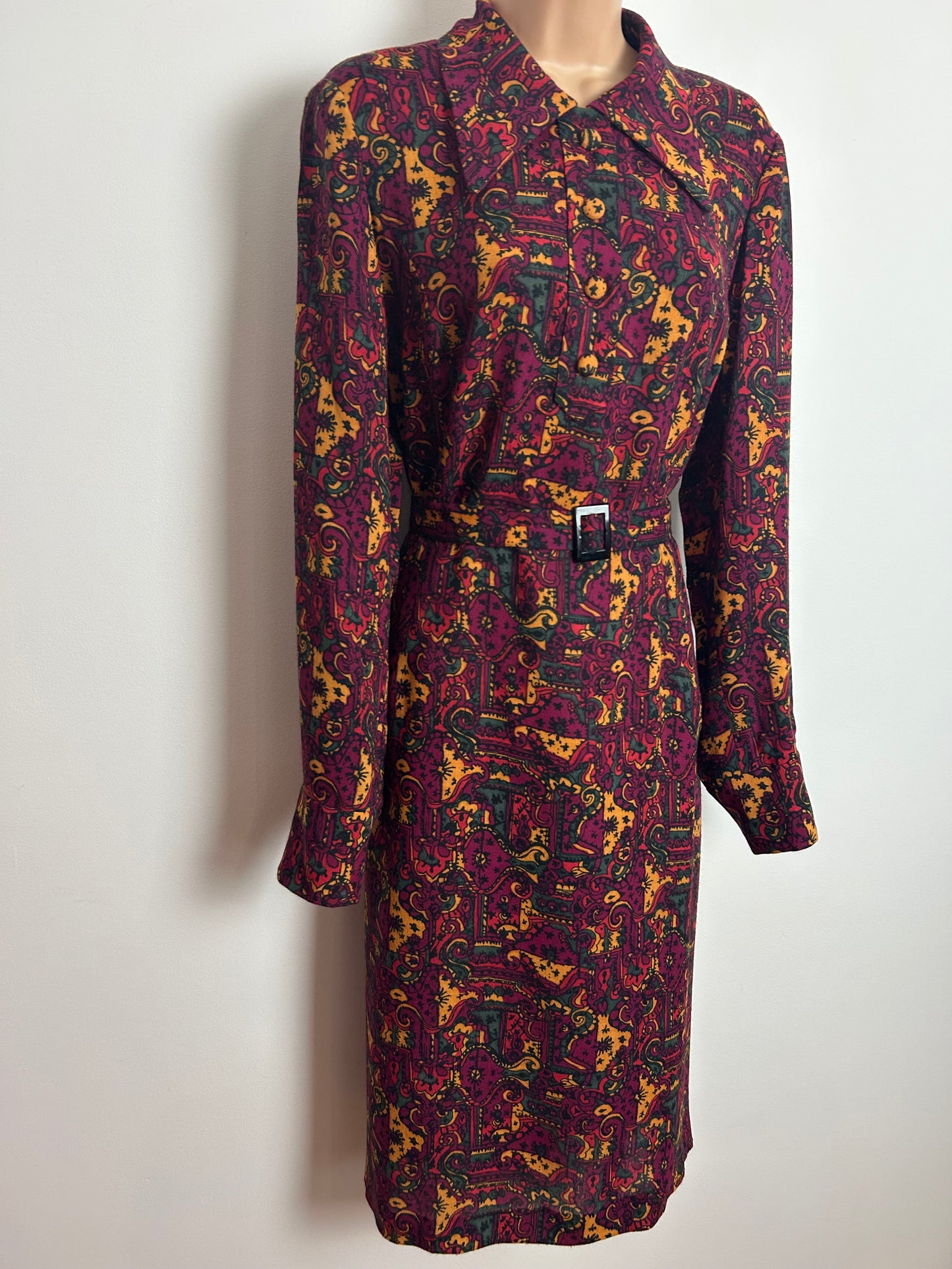 Vintage 1970s Size 16 Wine Mustard & Dark Green Abstract Nouveau Inspired Print Wool Mix Belted Long Sleeve Dress
