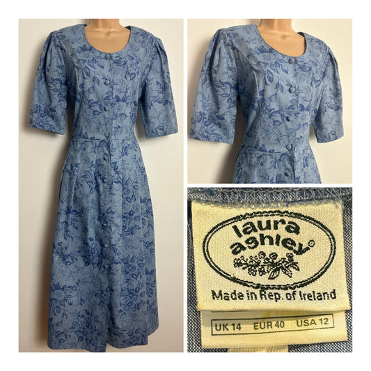 Vintage 1980s LAURA ASHLEY Size 12 (16 On Label) Blue Floral Print Short Sleeve Pleated Midi Day Dress