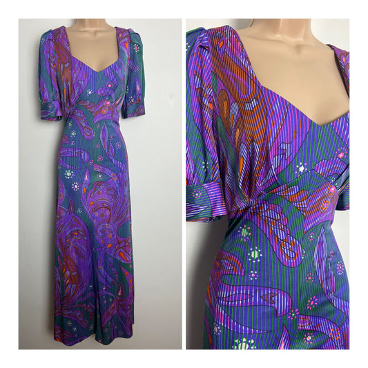 Vintage 1970s Size 10-12 Purple Pink Orange & Green Abstract Print Short Sleeve Maxi Dress