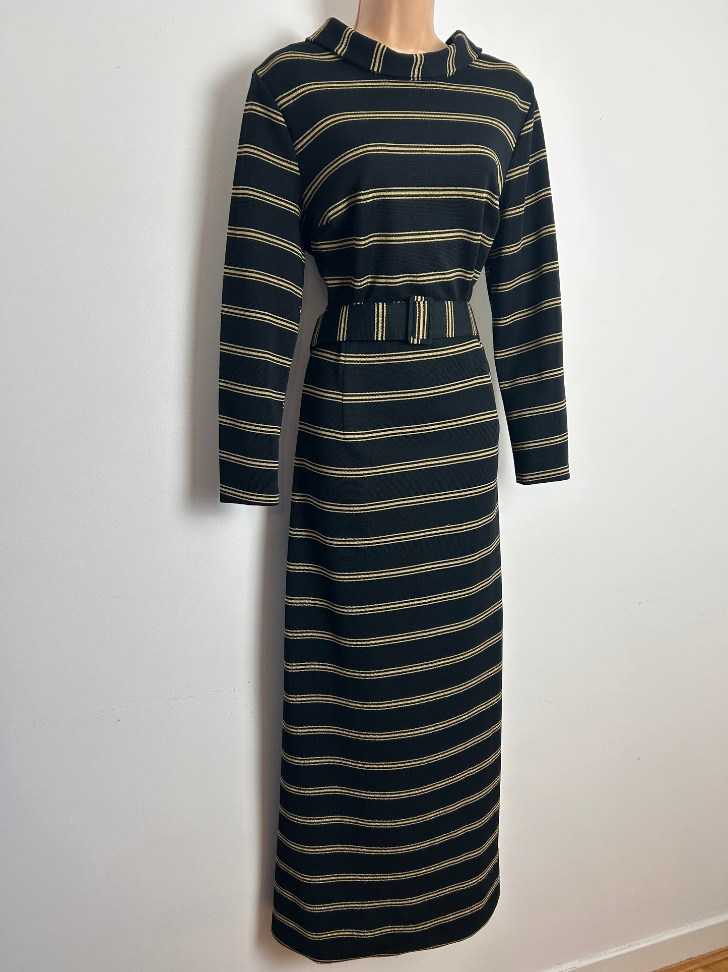 Vintage 1970s Size 14 Black & Metallic Gold Stripe Print Belted Evening Maxi Dress