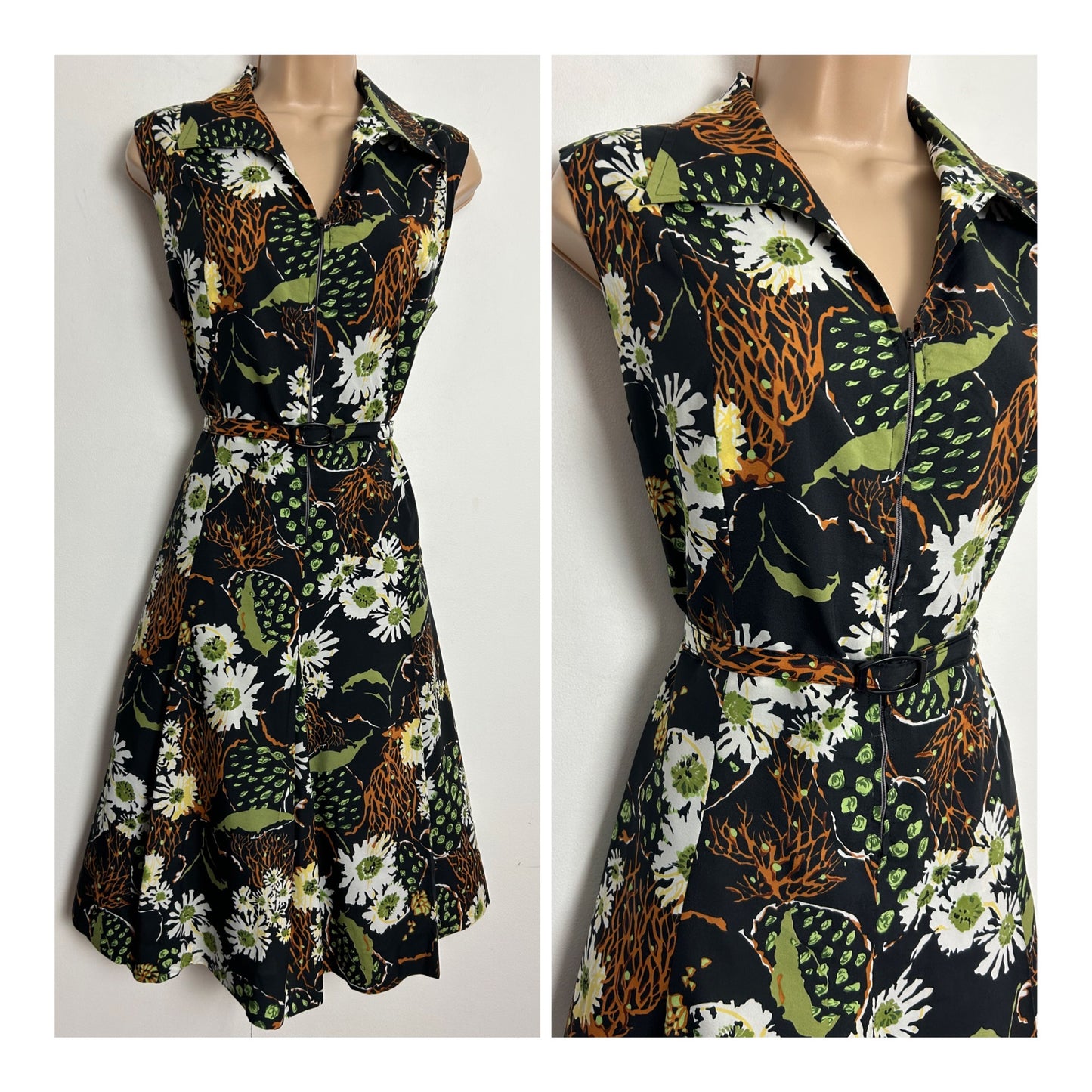 Vintage 1970s C&A UK Size 12-14 Black White Rust & Green Floral Print Belted Zip Front Fit & Flare Day Dress