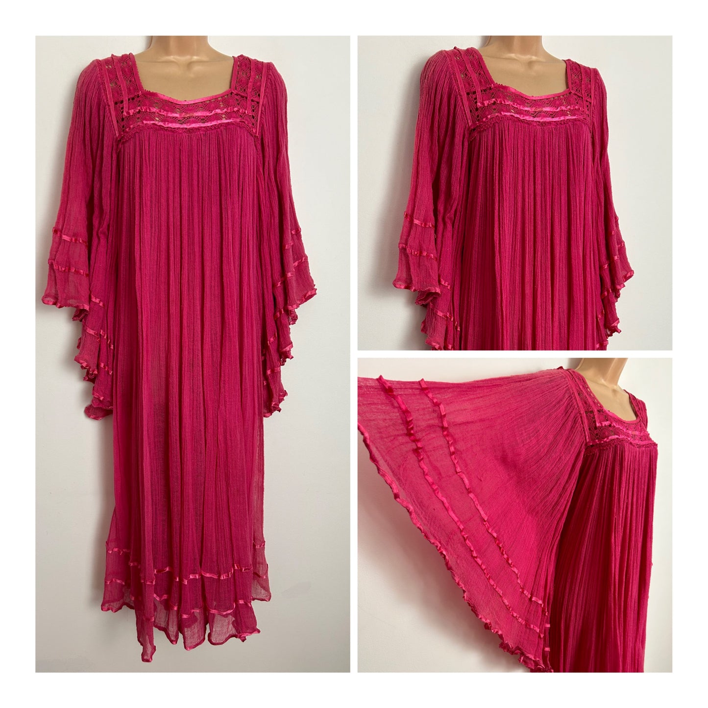 Vintage 1970s EL COMAL Up To Size 12 Hot Pink 100% Cheesecloth Cotton Flared Sleeve MEXICAN Kaftan Midi Dress