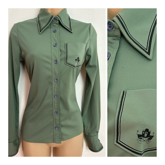 Vintage 1970s UK Size 8 Sage Green Stripe Print Pocket Detail Long Sleeve Shirt