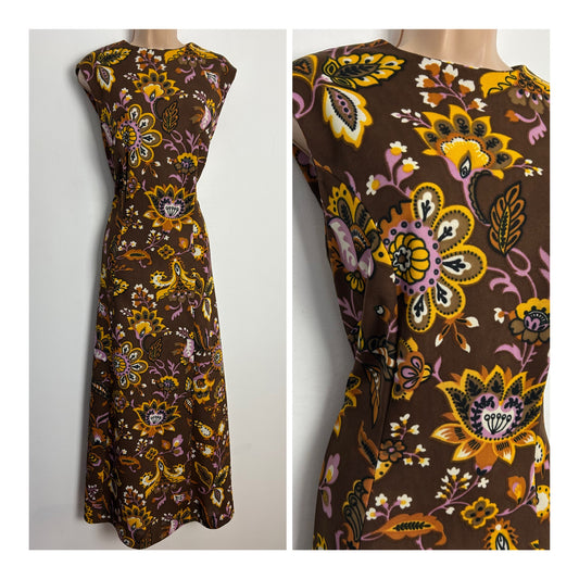 Vintage 1970s UK Size 14 Gorgeous Brown Orange & Pink Floral Print Maxi Dress