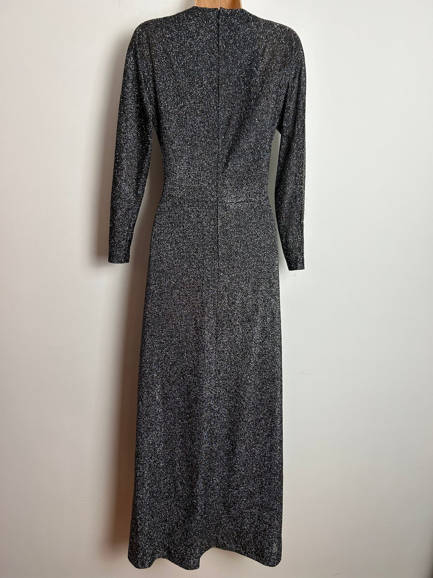 Vintage 1970s UK Size 8 Black & Silver Glittery Lurex Plunge Neck Long Sleeve Occasion Evening Maxi Dress