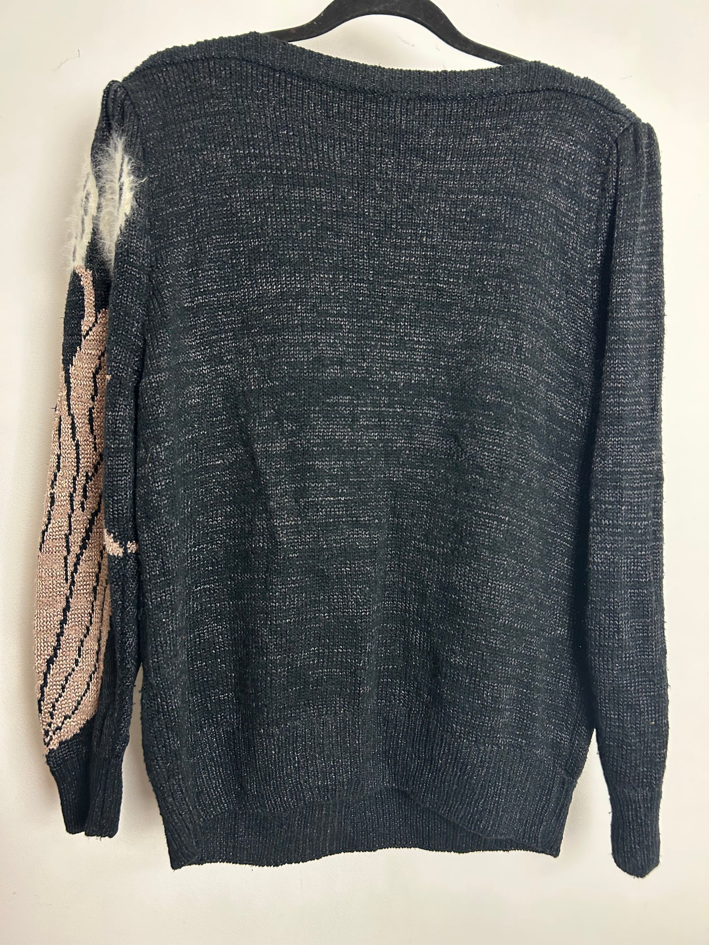 Vintage 1980s Up to Size 16 Black Brown & White Flower Pattern Long Sleeve Jumper