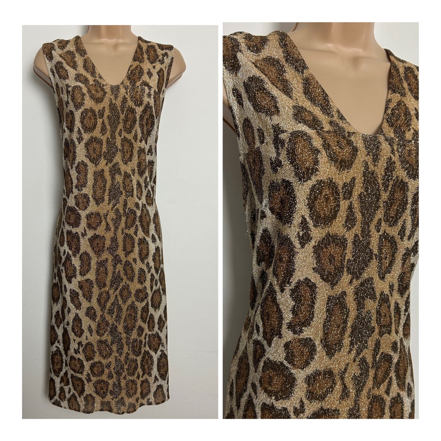 Vintage 1970s Size 12 Brown & Gold Leopard Print Lurex Sleeveless Shift Dress