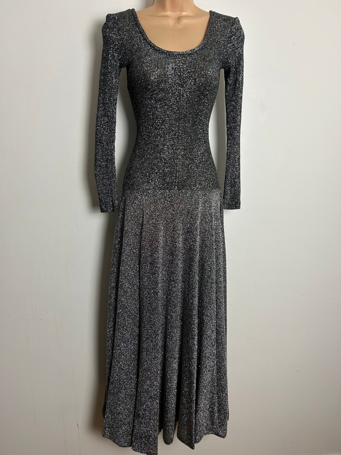 Vintage 1970s JOHN MARKS Up To Size 10 Black Silver Lurex Long Sleeve Evening Maxi Dress