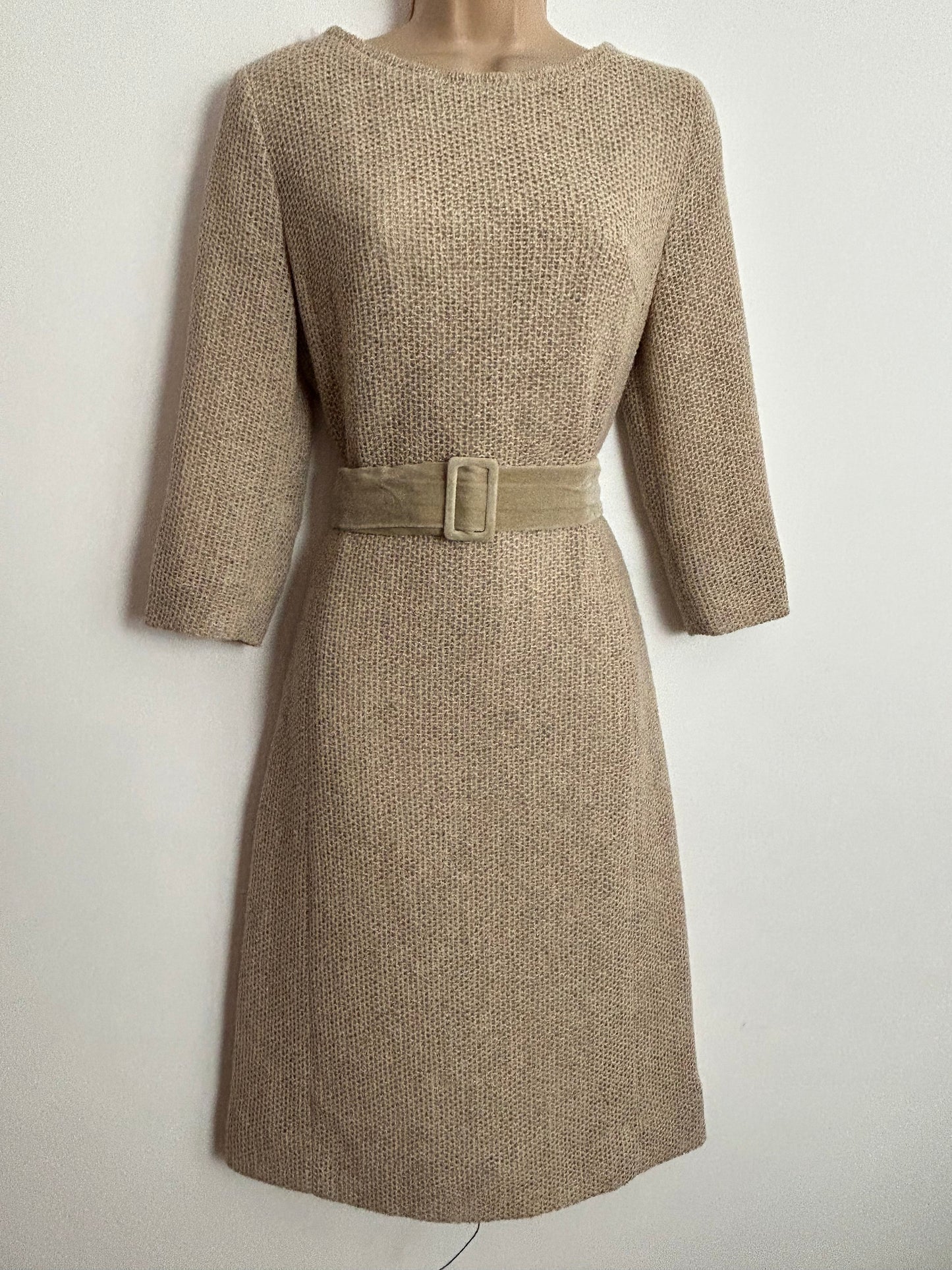 Vintage Early 1970s UK Size 12 Beige Waffle Fabric 3/4 Sleeve Velvet Belted Mod Dress