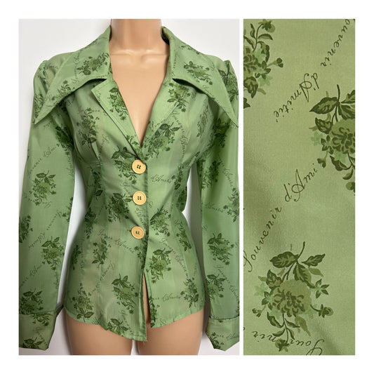 Vintage 1970s JOHN MARCUS Size 10 Green "TOKEN OF FRIENDSHIP" Floral Print Dagger Collar Shirt