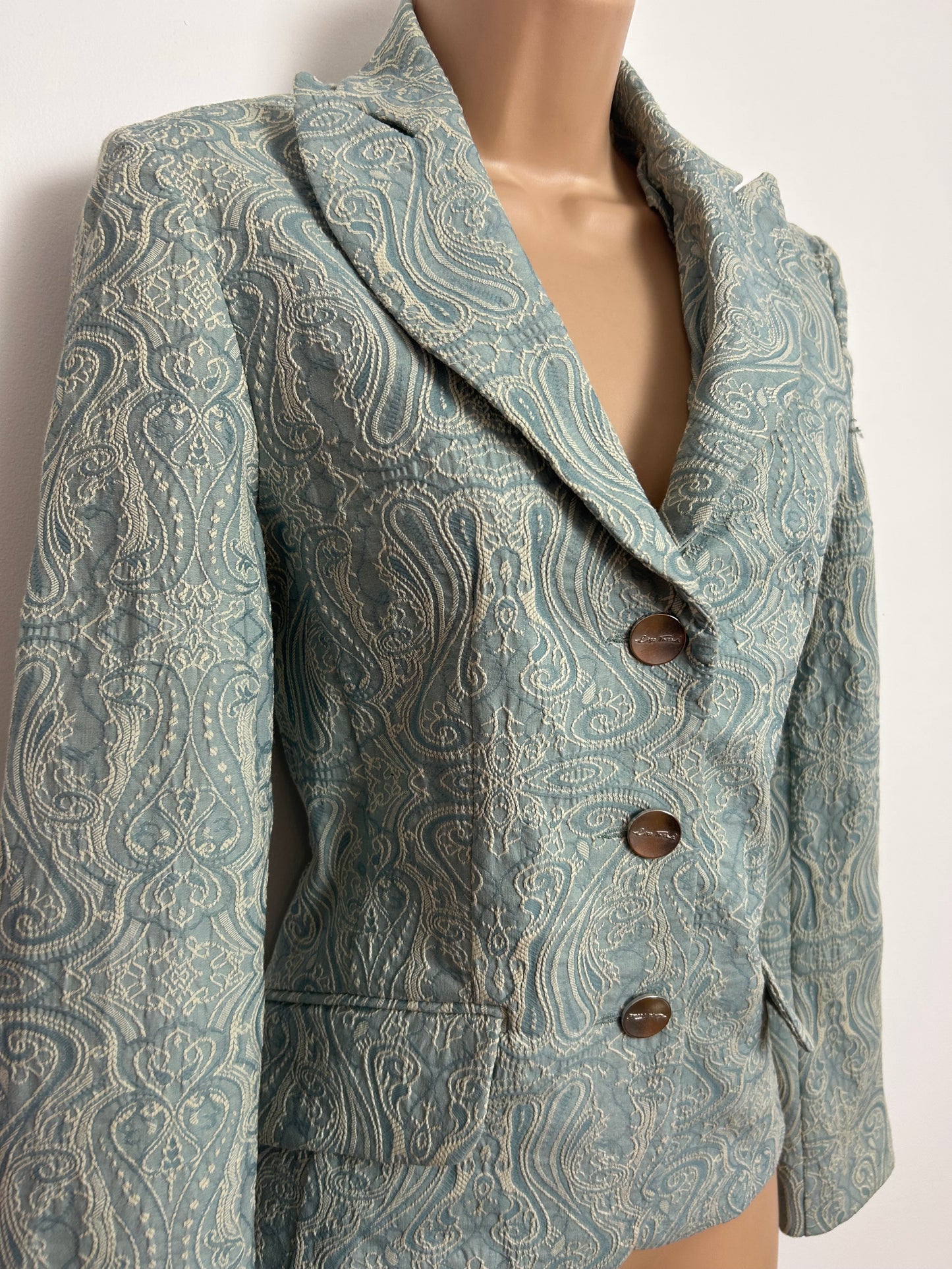 Vintage Y2K LISA TOSSA Size 10 Duck Egg Blue & Cream Embossed Pattern Jacket