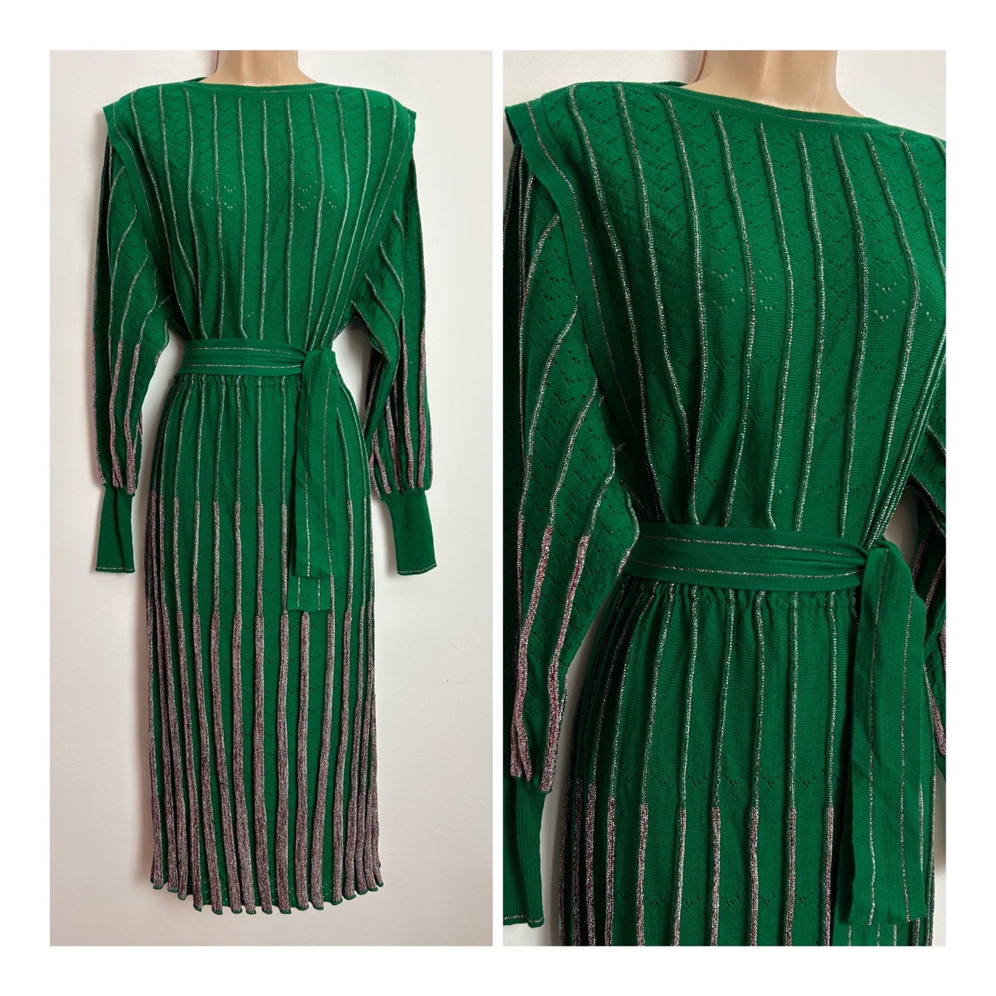 Vintage 1980s BELLINO Made In Italy UK Size 10 STUNNING Green & Metallic Silver Pleated Knitted Dress