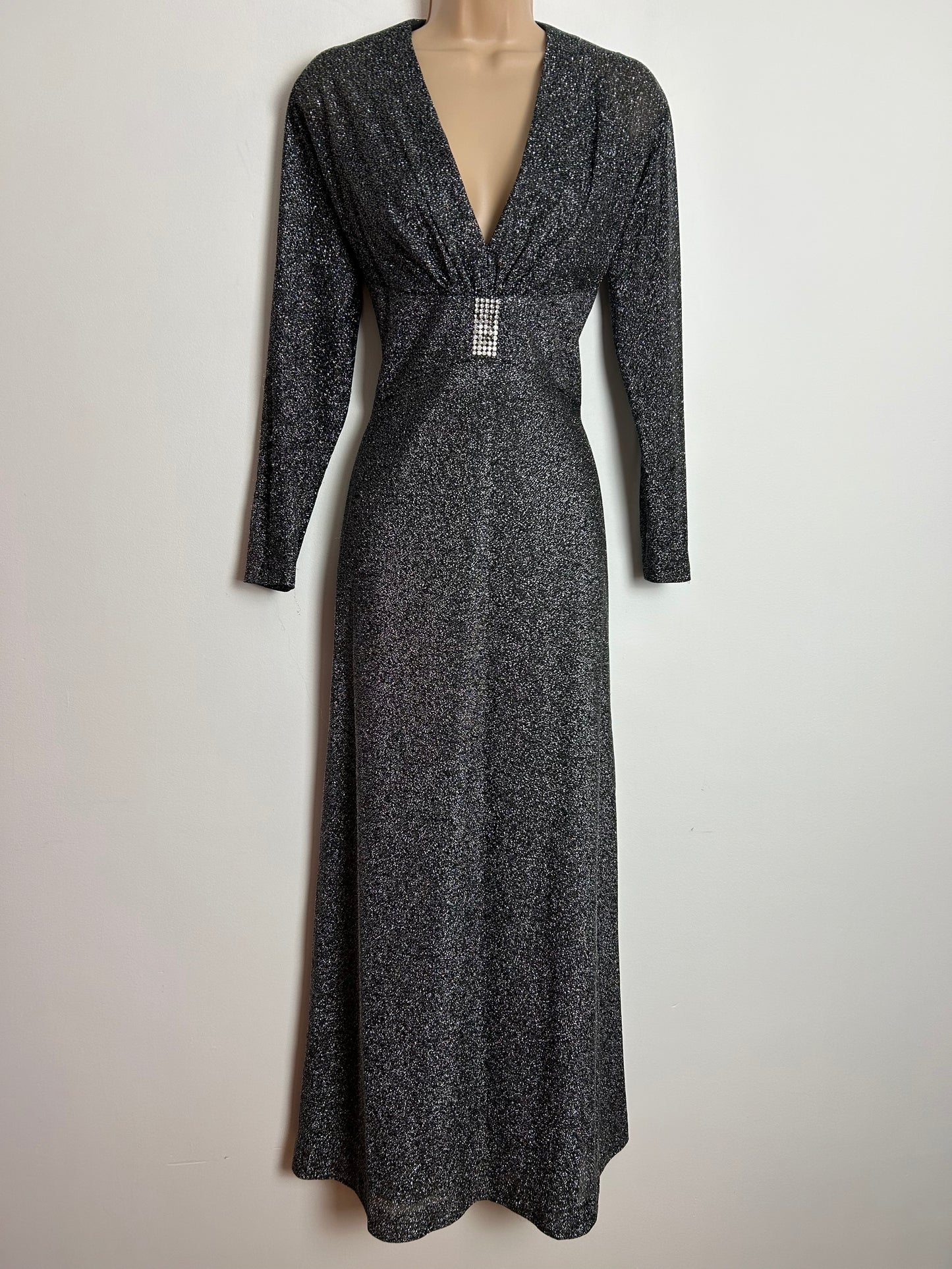 Vintage 1970s UK Size 8 Black & Silver Glittery Lurex Plunge Neck Long Sleeve Occasion Evening Maxi Dress