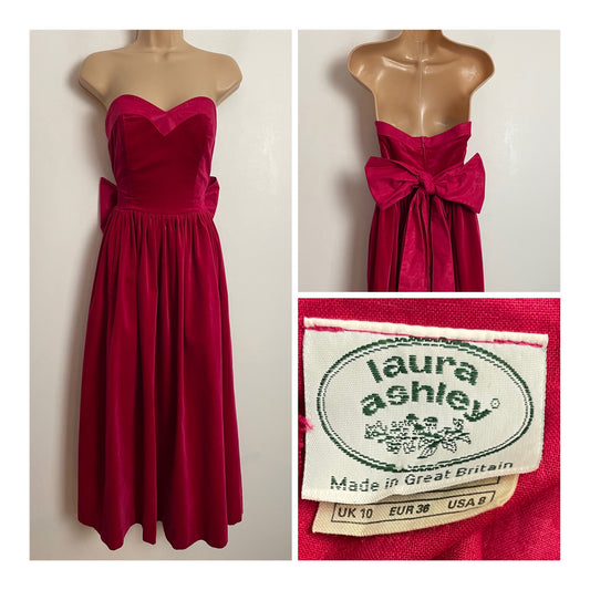 Vintage 1980s LAURA ASHLEY UK SIZE 6 (Size 10 On Label) Red Velvet Strapless Bow Back Ballgown