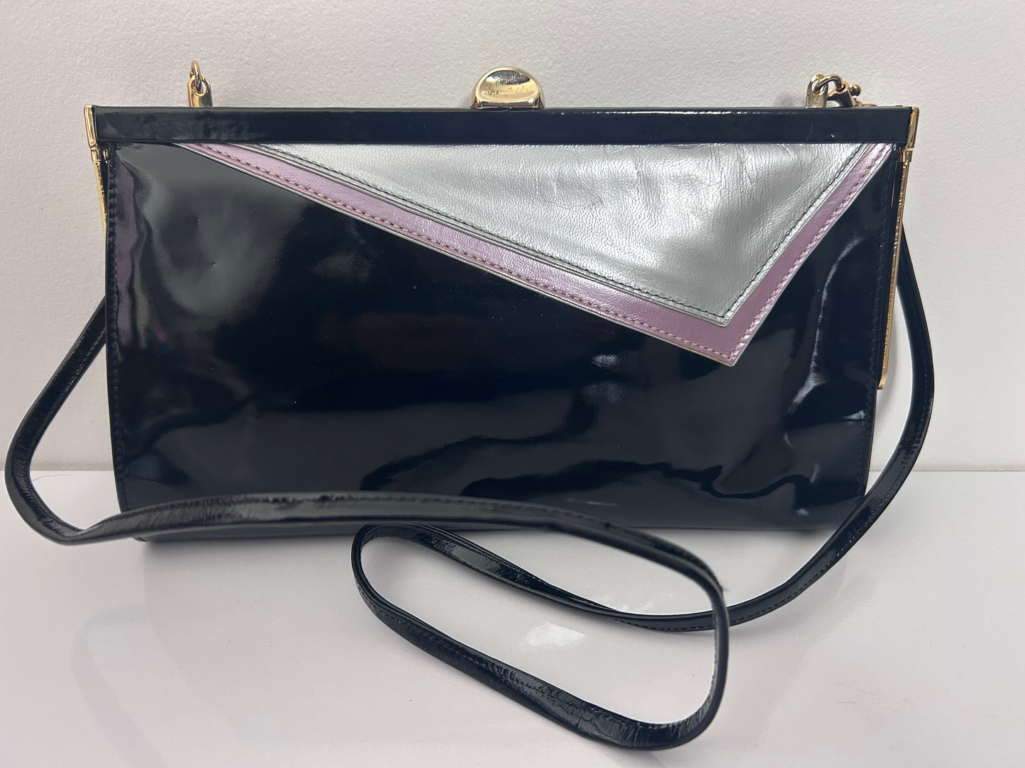 Vintage 1980s RENATA Italian Black Silver & Pink Patent Handbag With Removable Strap