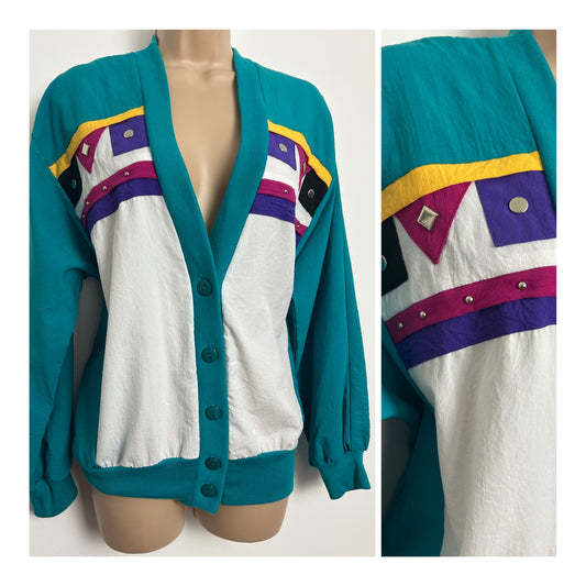 Vintage 1980s TEDDI SPORT Size 14-16 Teal White Purple & Pink Stud Detail Lightweight Jacket