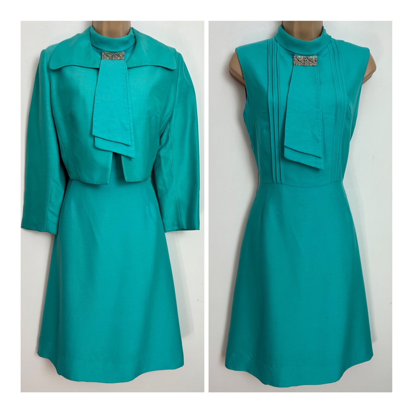 Vintage 1960s PETER BARRON UK Size 10 Turquoise Two Piece Mod Dress Suit